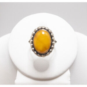 Jay King Ring DTR 925 Silver Yellow Orange Amber(?) Stone Cabochon Bezel Size 7